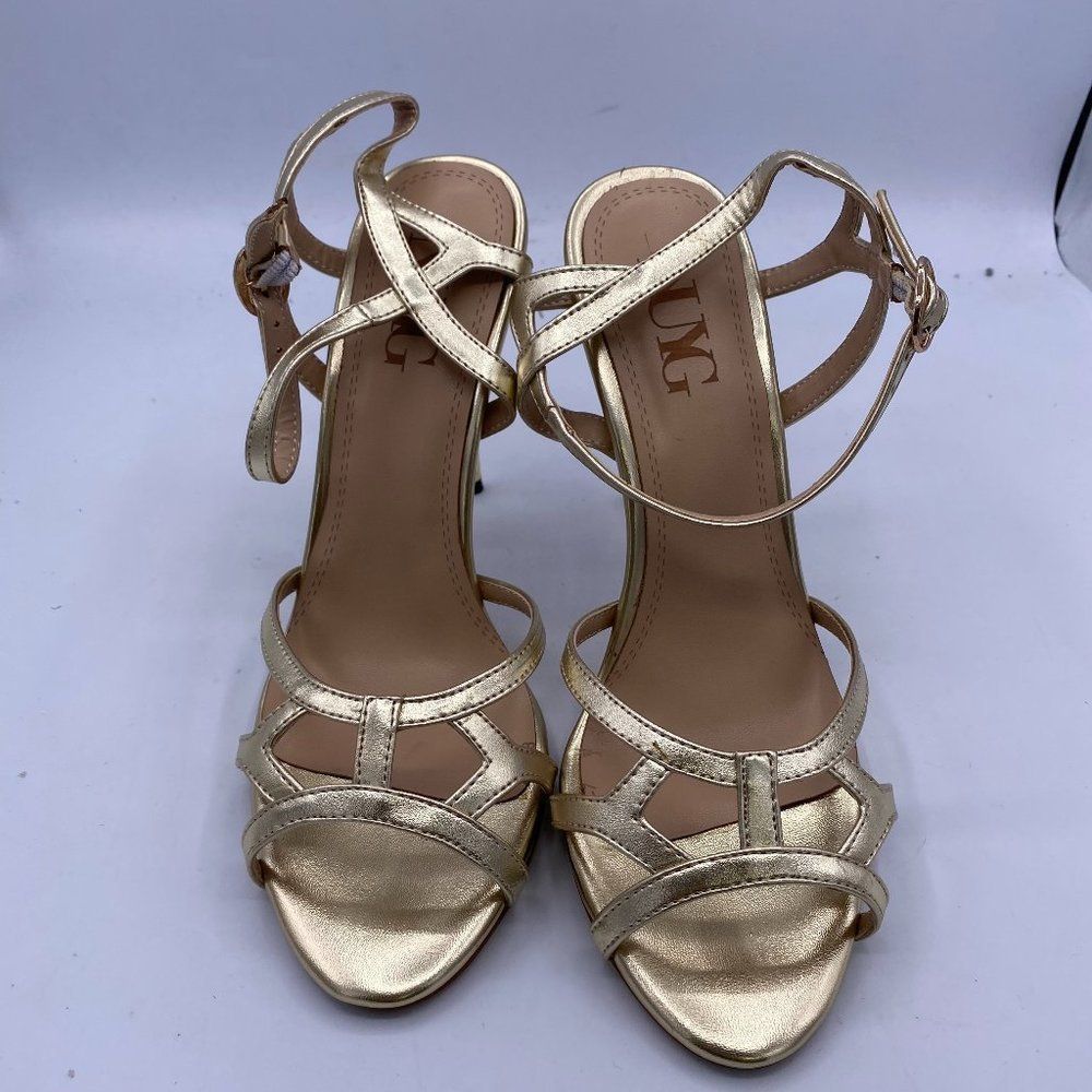 NUYG gold peep toe stilettos cutout sandals pumps ankle strap shoes